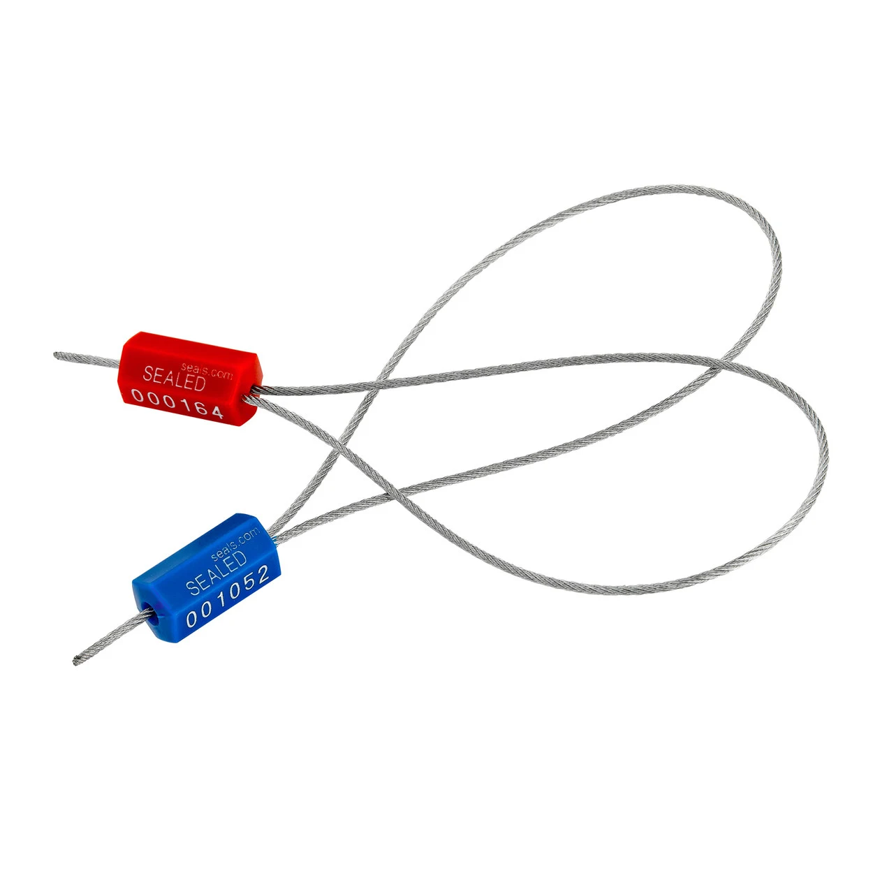Two cable seals, one red and one blue, with visible serial numbers on a white background