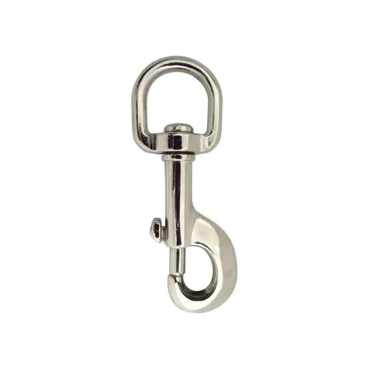 Polished metal swivel bolt snap hook with round eye and spring-loaded latch on white background