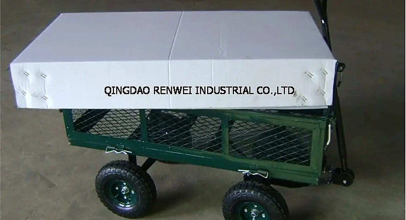 Renwei four wheel garden cart with pneumatic wheels on a workshop floor
