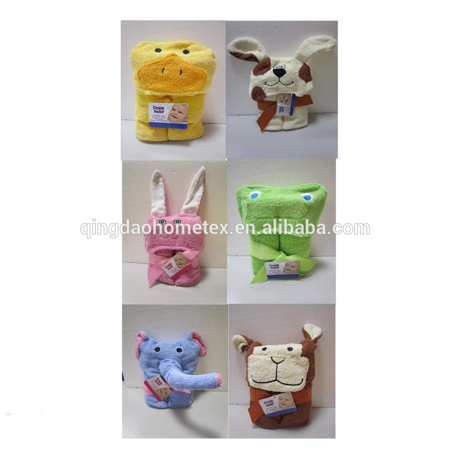 Collage of six animal-themed hooded baby towels: duck, dog, bunny, frog, elephant and monkey designs, each with a hanging tag