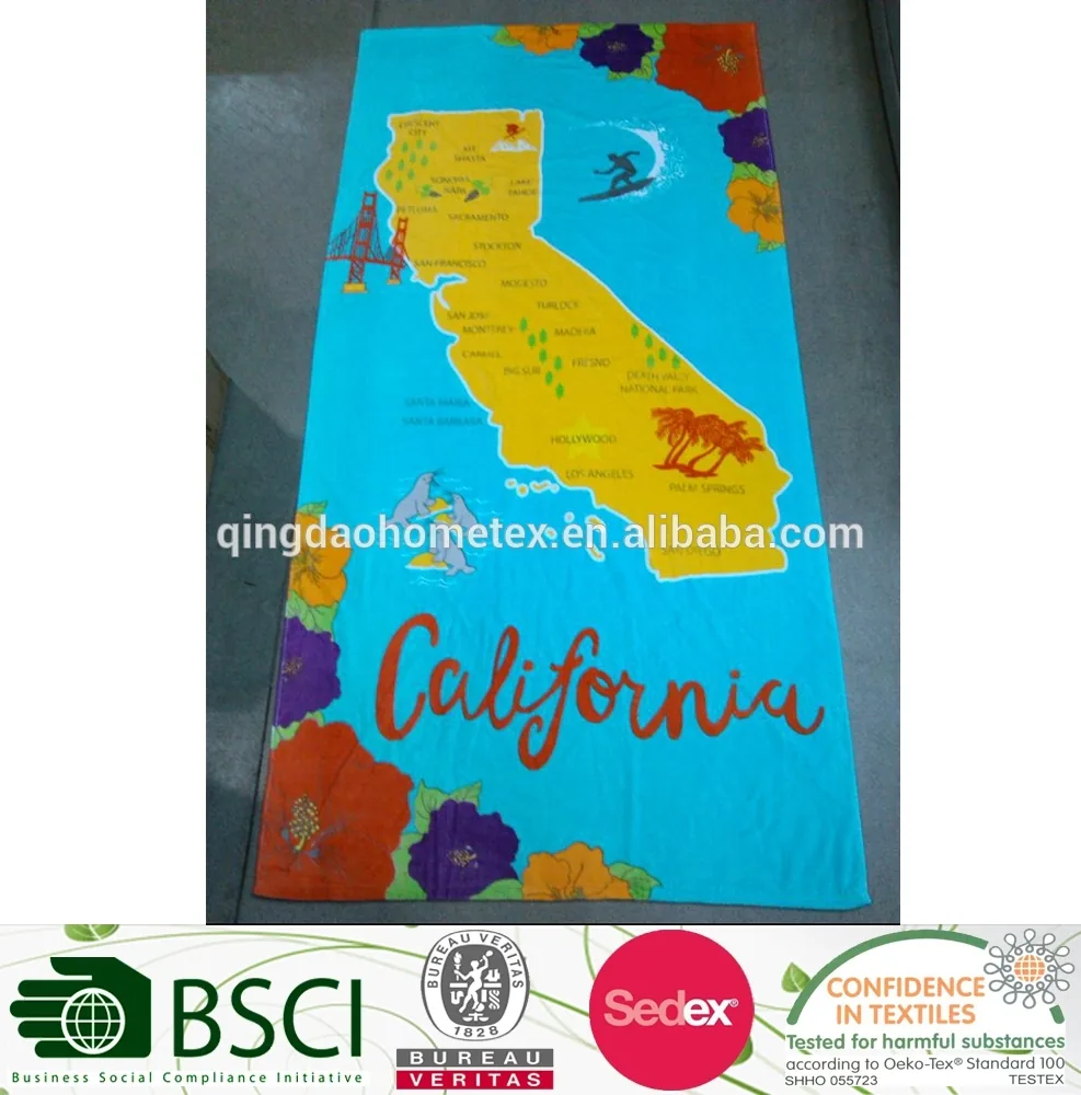 Turquoise beach towel featuring a map of California and red script text