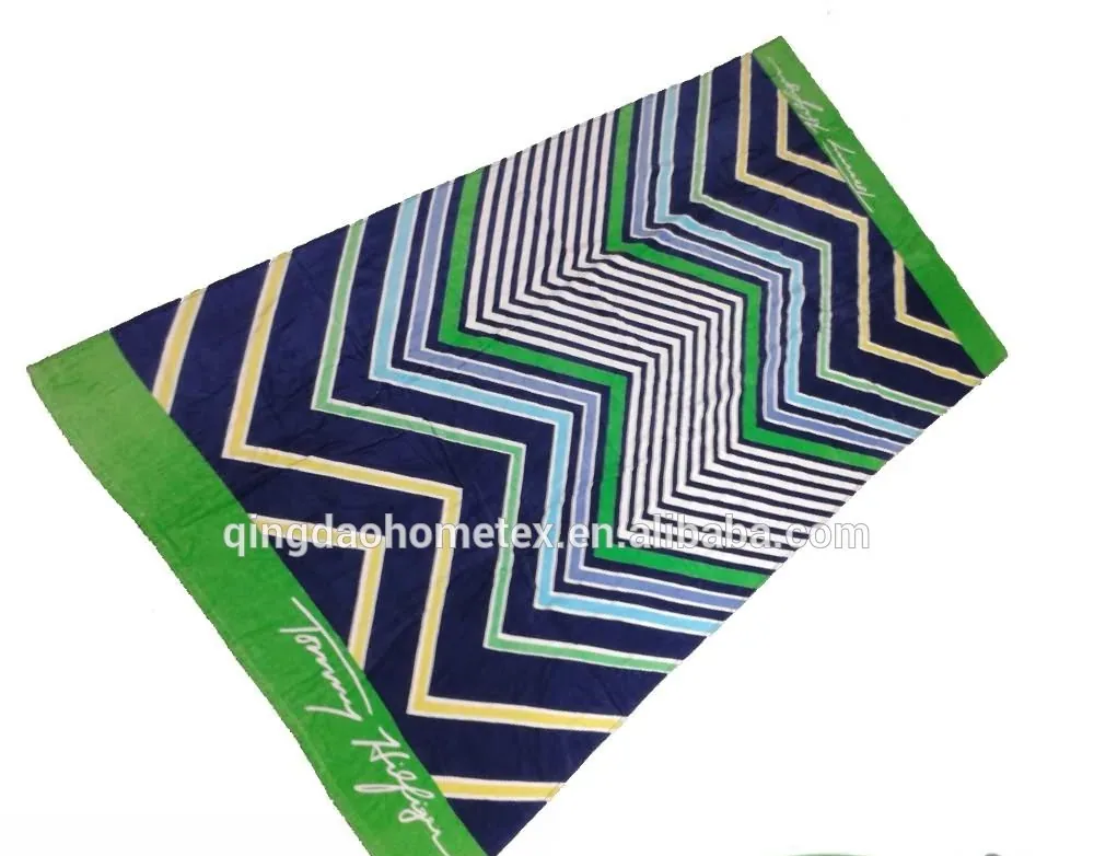 Green 100% cotton beach towel with chevron pattern, reactive printed on velour face, 70x140 cm