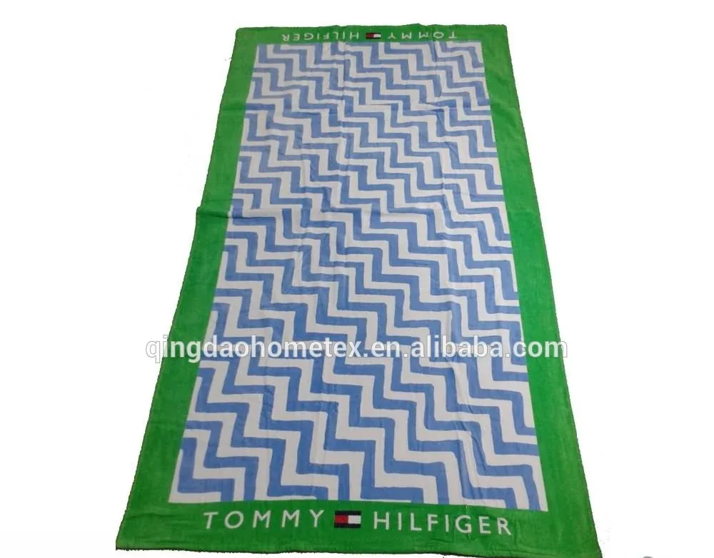 Blue 100% cotton beach towel with ladder shape wave pattern printed on the surface, 70x140 cm