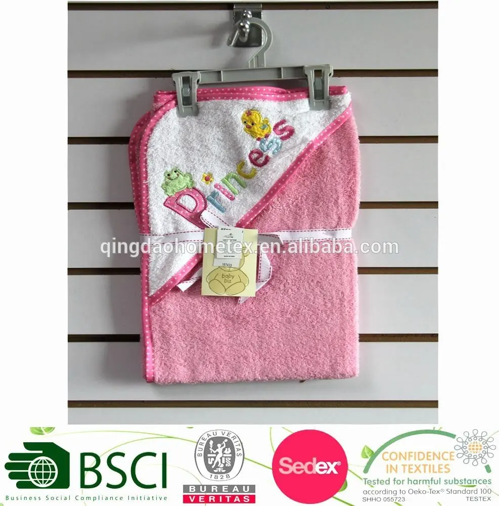 100% cotton baby hood towel with embroidered cartoon animal design, 76x76 cm, plain colour dye, soft texture