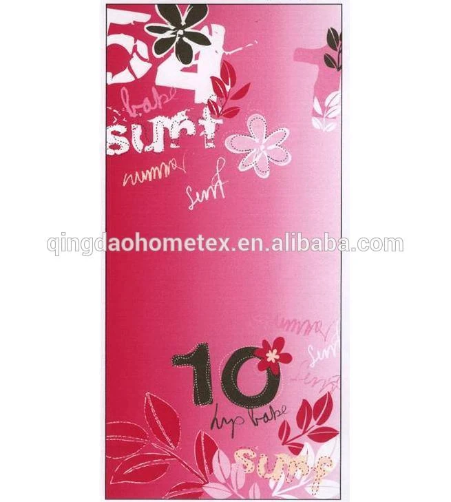 Pink printed textile with summer surf theme: floral motifs, leaves, numbers 54 and 10, and script lettering
