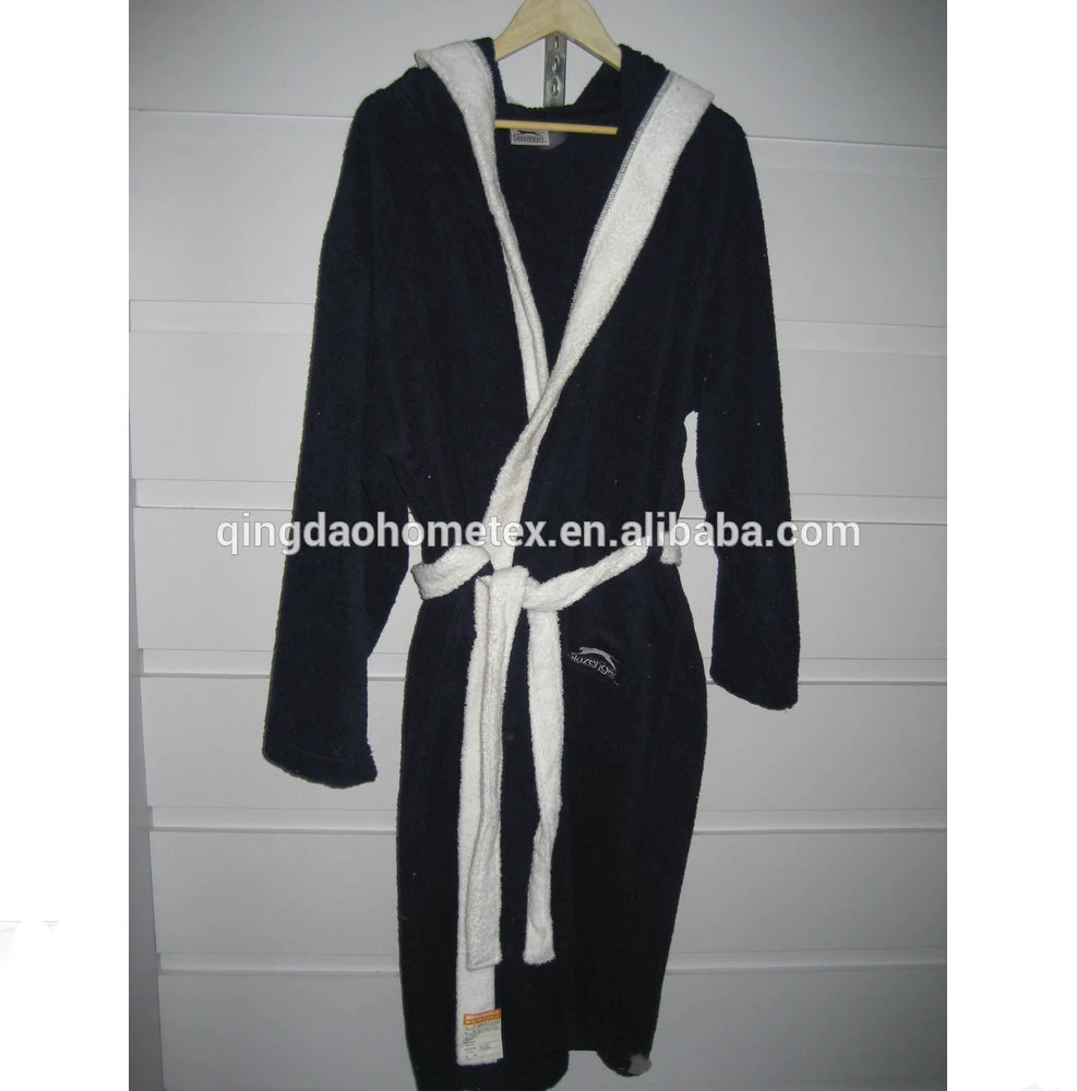 100% cotton plain dyed terry bathrobe in solid colour, 400 GSM, hanging on a hanger, natural cotton texture visible