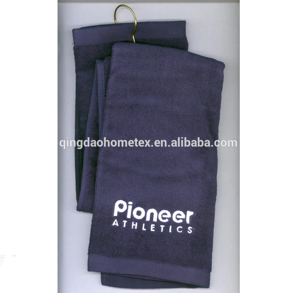 Dark blue folded towel hanging on a hook, featuring white embroidered text 'Pioneer ATHLETICS'.
