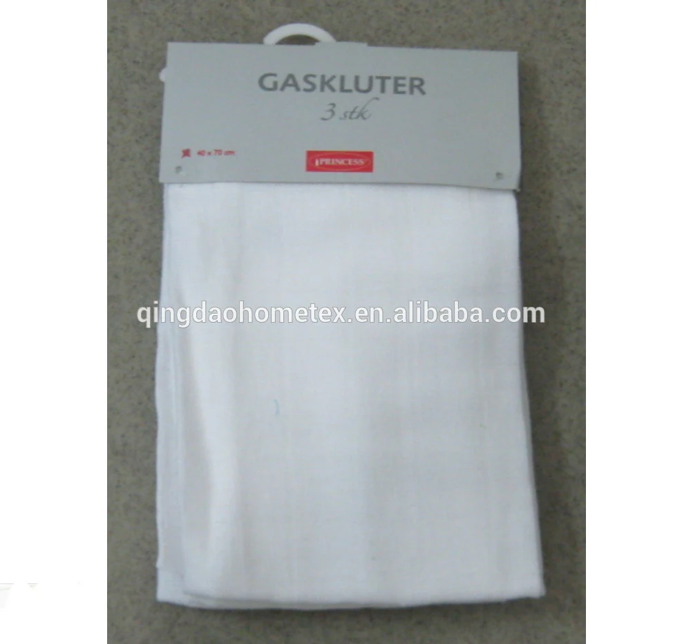 Packaged white cloth product with a hang tag on a grey background.
