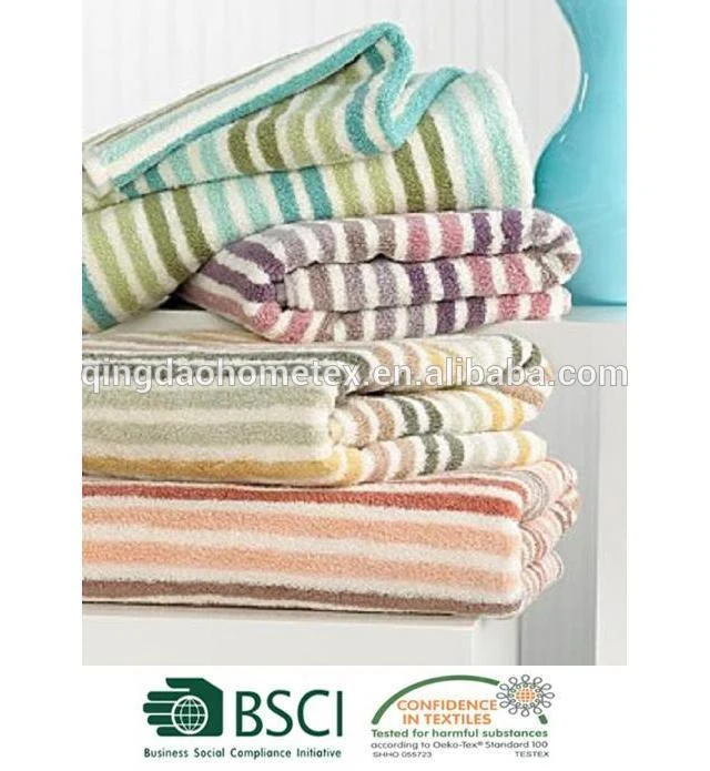 Stack of folded striped terry towels in teal
