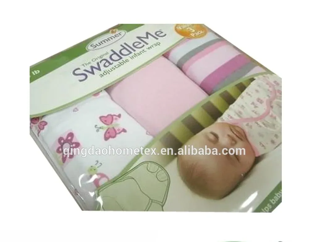 Packaged SwaddleMe adjustable infant wraps in pink patterns with BSCI and Confidence in Textiles certification logos below