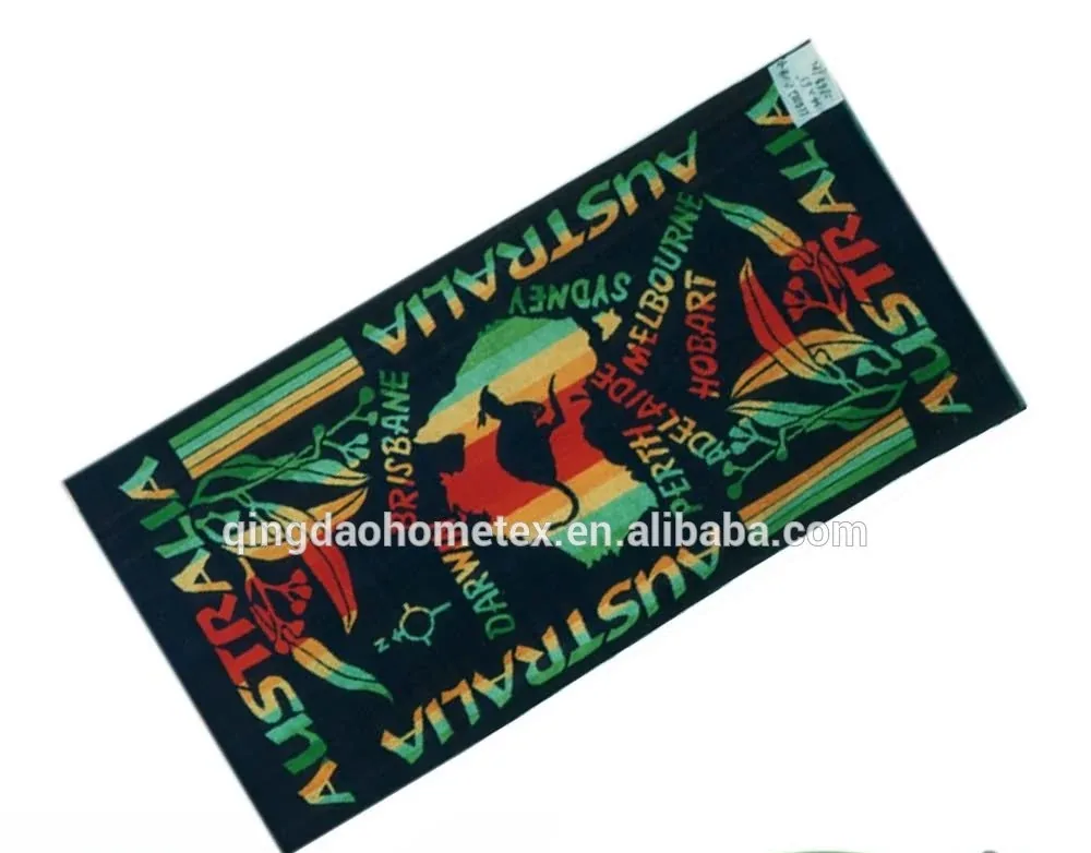 Colorful printed beach towel with Australia-themed souvenir design, shown with BSCI and Confidence in Textiles certification logos