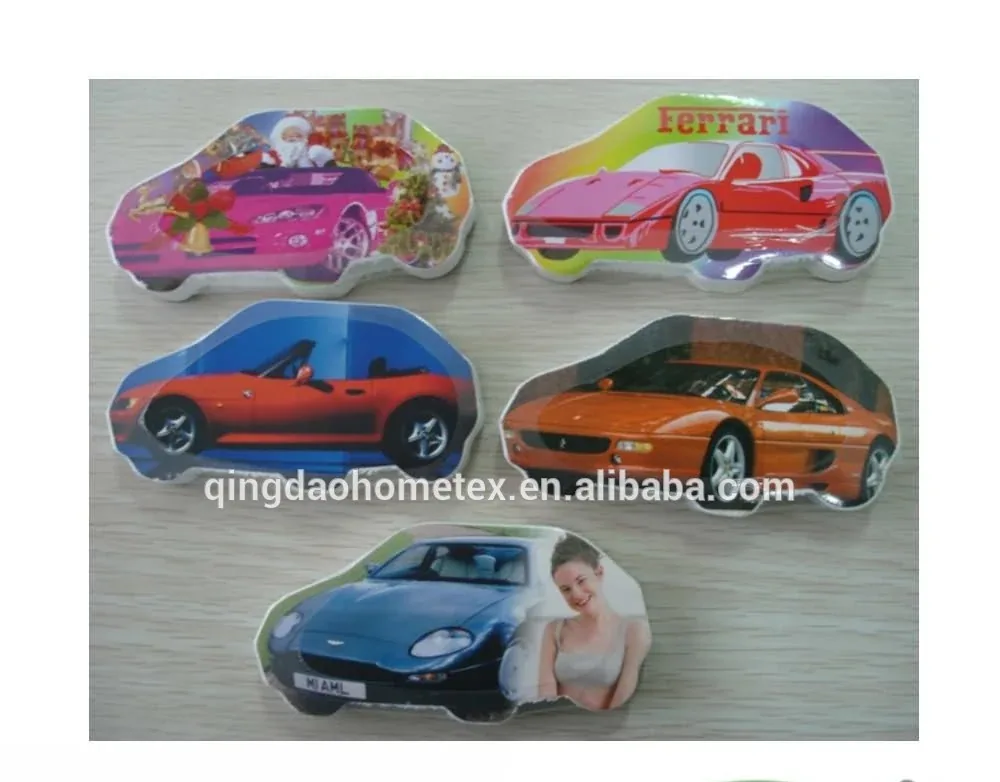 Car-shaped printed cushions arranged on a light surface, with BSCI and Confidence in Textiles certification logos below