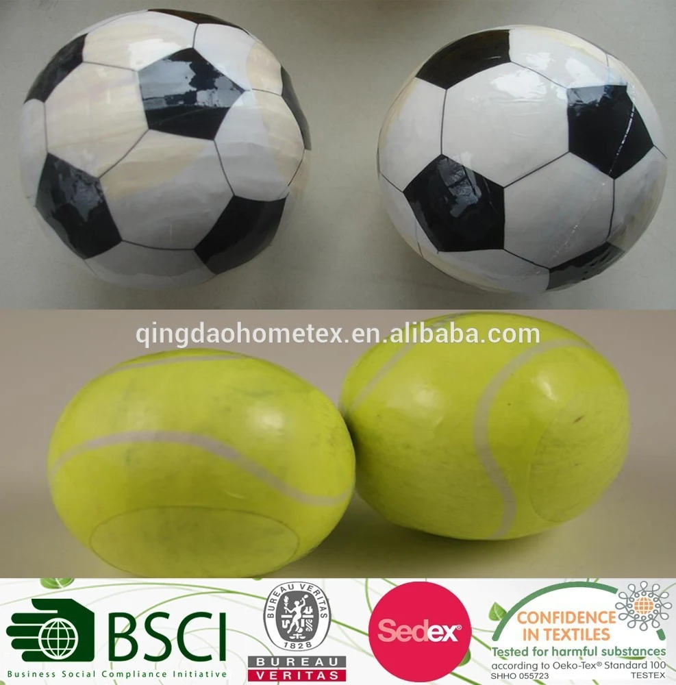 Two black-and-white soccer balls and two yellow tennis-style balls photographed on a plain surface, with certification logos strip below