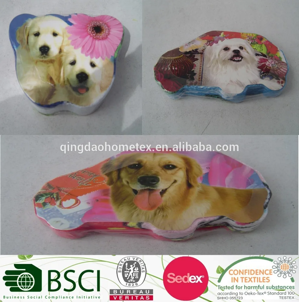Collage of dog-shaped decorative tins with puppy artwork, plus certification logos including BSCI, Bureau Veritas, Sedex and OEKO-TEX