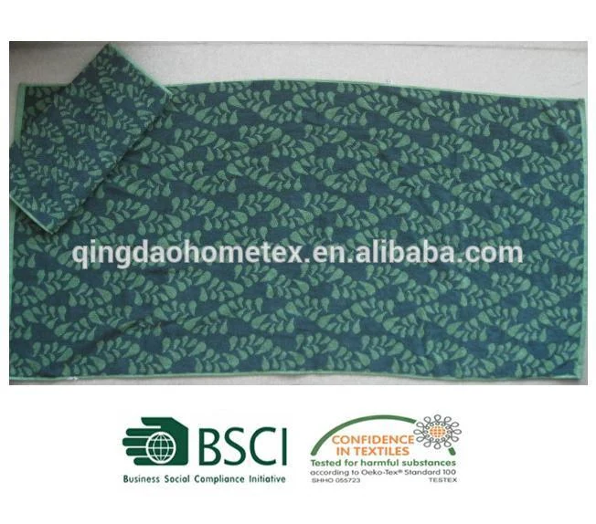 Green leaf-patterned towels on light background, with BSCI and Confidence in Textiles certification logos below