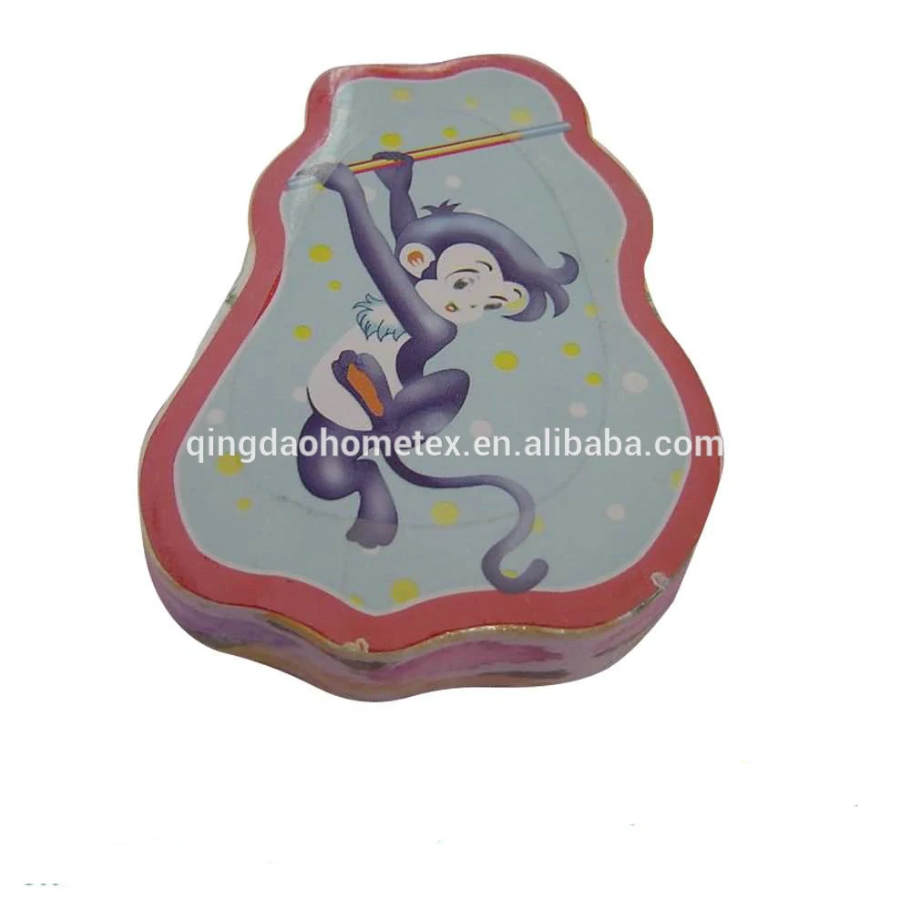 Monkey-shaped cartoon tin box with red border and blue illustrated monkey design on white background