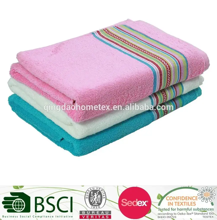 Stack of folded terry towels in pink, teal and white with striped borders on white background