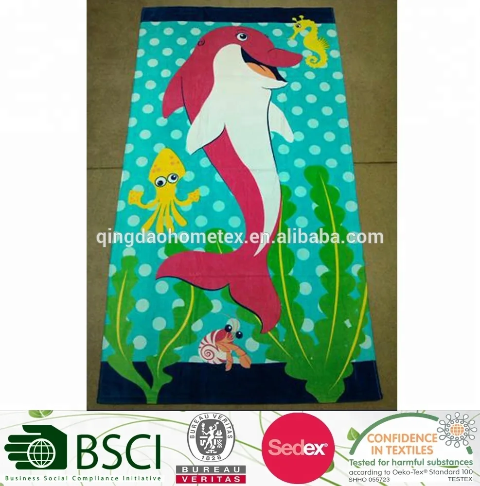 Beach towel with cartoon dolphin, octopus, seahorse and seaweed print on turquoise polka-dot background
