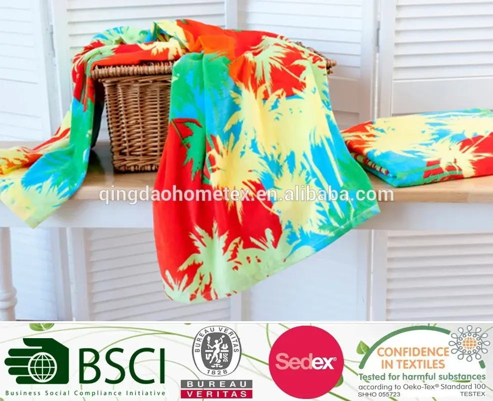 Colorful tropical palm-print beach towels draped over a wicker basket, with BSCI, Bureau Veritas, Sedex and OEKO-TEX certification logos below
