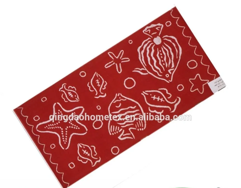 Red rectangular fabric with white fish, starfish and sea-themed patterns, tilted, with BSCI and Confidence in Textiles logos below