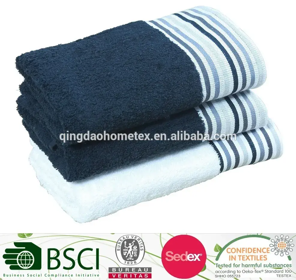 Stack of three folded towels, navy and white with striped borders, on a white background