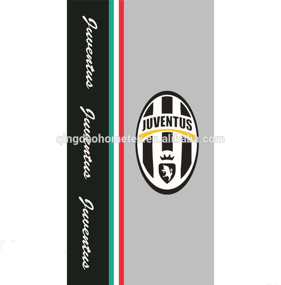 Printed textile design featuring a Juventus club logo with script text on a black and gray background