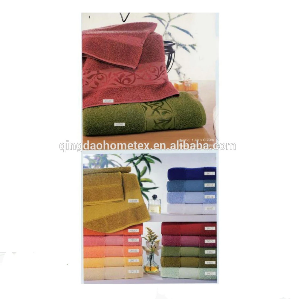 Collage of two catalog photos showing folded cotton towels in red, green, yellow and assorted colors with small label tags