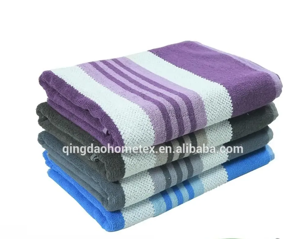 Stack of folded striped towels in purple, gray, and blue on white background with BSCI and OEKO-TEX certification logos