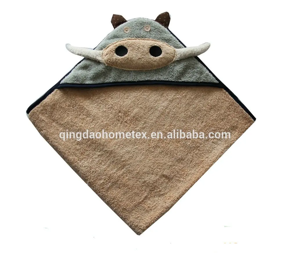 Brown animal-hooded baby bath towel with ears and horns, laid flat on white background
