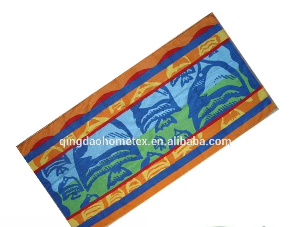 Colorful printed beach towel displayed diagonally with BSCI and Confidence in Textiles certification logos below