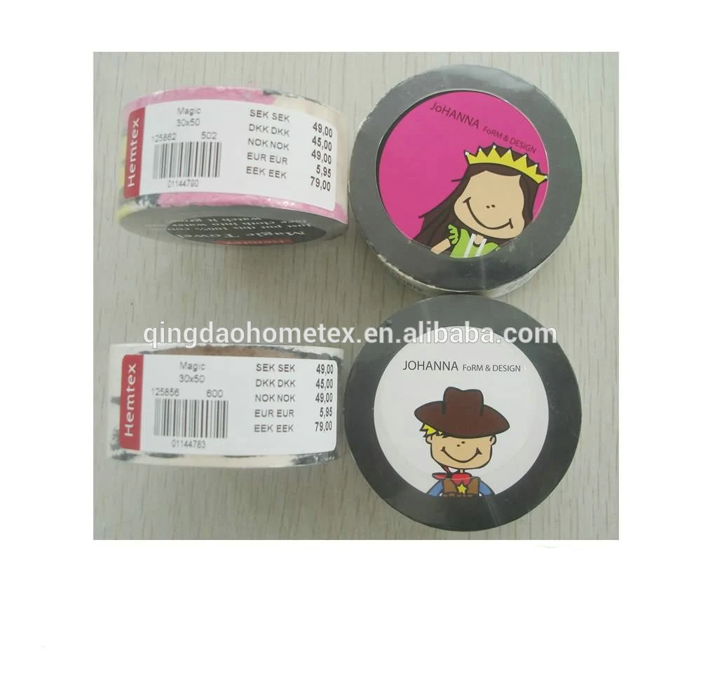 Four rolls of decorative tape with cartoon girl and boy labels, one roll showing a price list sticker