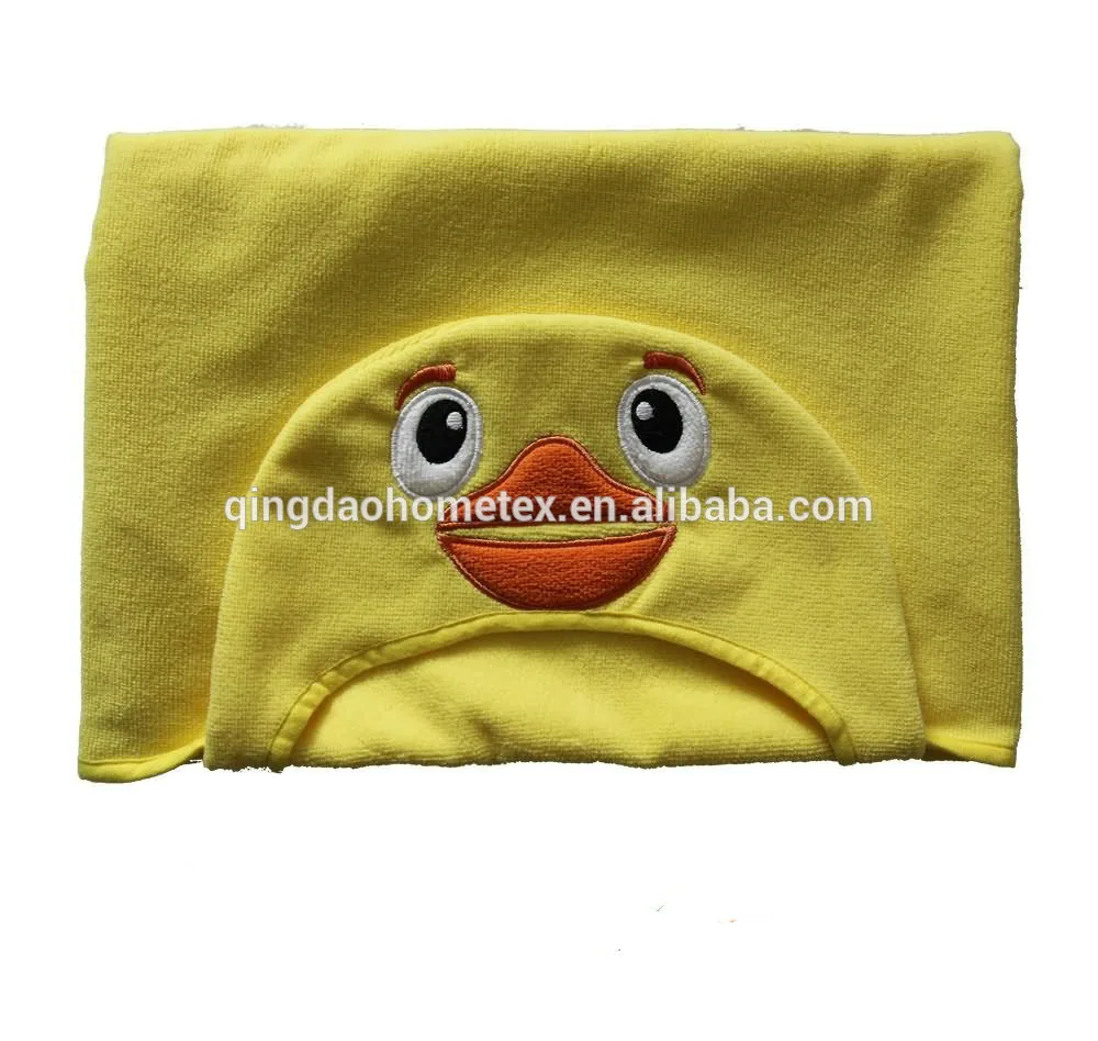 Yellow duck-themed hooded towel with embroidered duck face on a white background