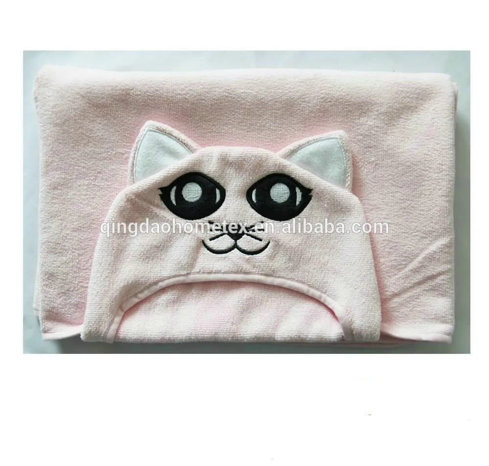 Pink hooded towel with cat face embroidery and ears, folded on a plain white background