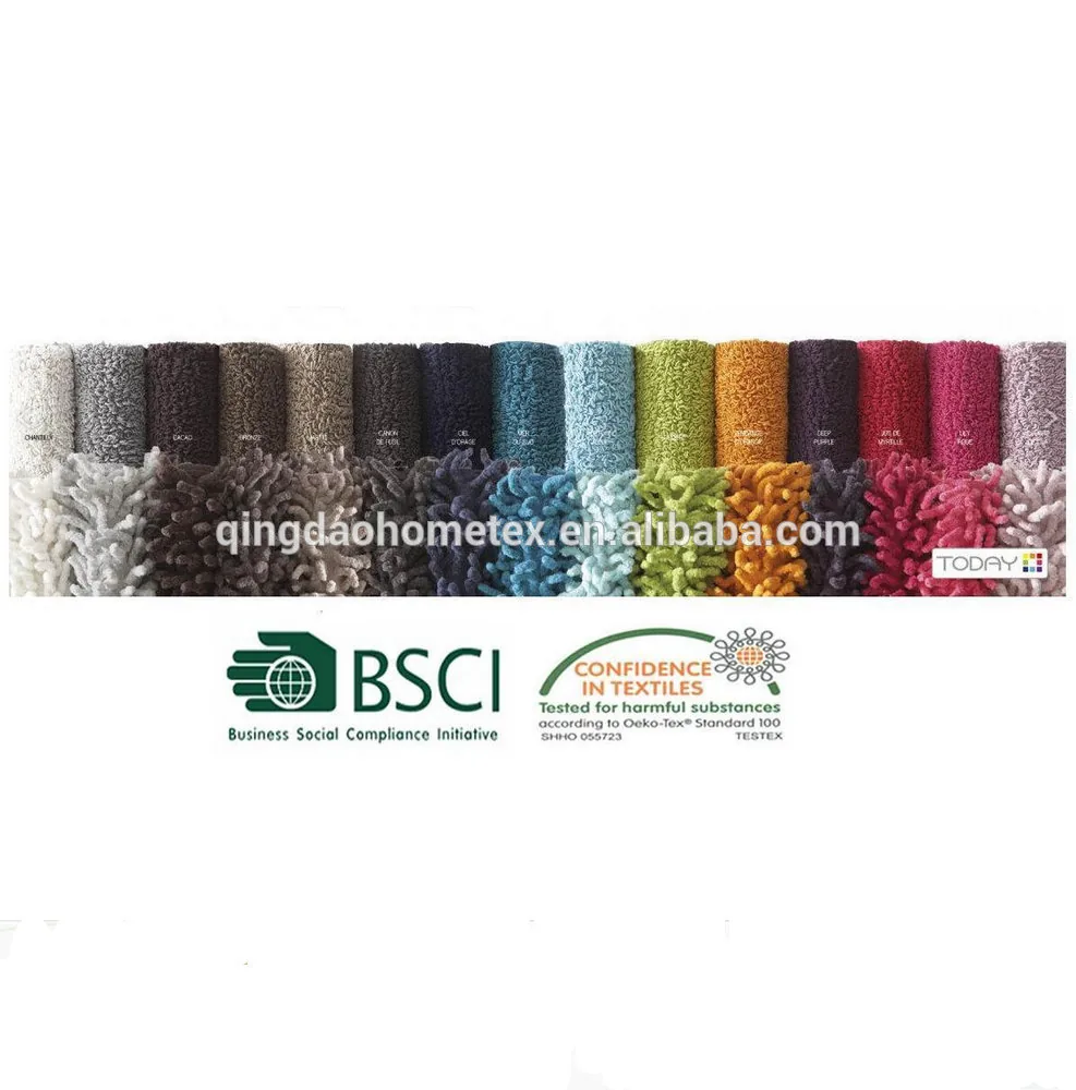 Row of rolled textile rugs in many colors with BSCI and Confidence in Textiles certification logos below