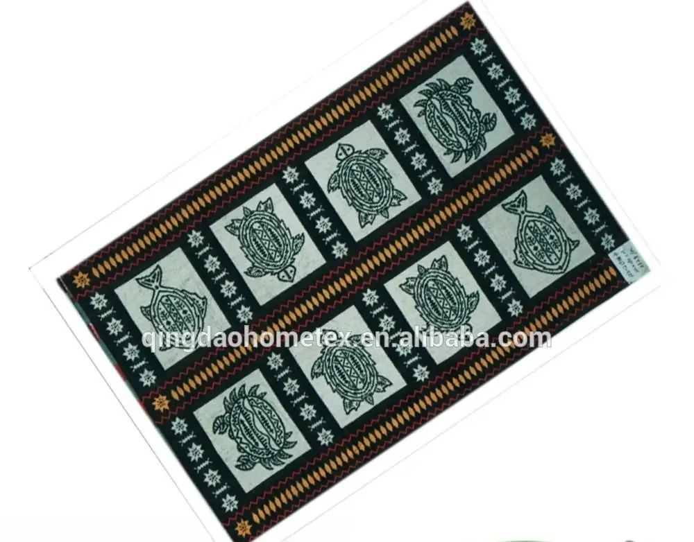 Rectangular jacquard-woven textile with turtle and fish motifs in green, red, and gold, shown diagonally over BSCI and Oeko-Tex certification logos.