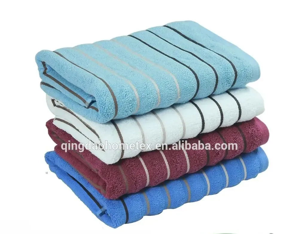 Stack of folded striped towels in blue, white, and burgundy with BSCI and Confidence in Textiles certification logos below