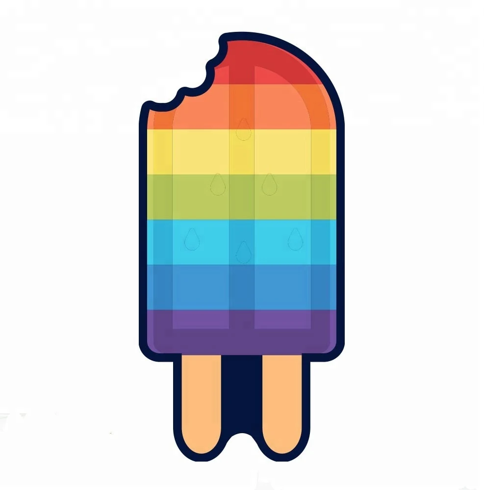 Cartoon illustration of a rainbow-striped ice pop with a bite taken out of it