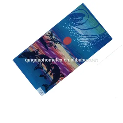 Blue 100% cotton jacquard beach towel with woven dolphin design, 70x140 cm