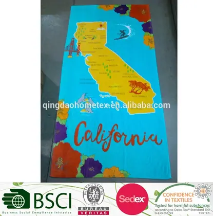 Turquoise beach towel featuring a map of California and red script text