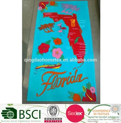 Turkish bath towel with Florida map and floral design.