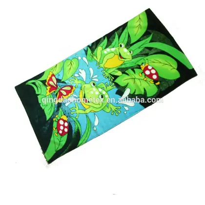 Blue 100% cotton velour printed children beach towel with frog pattern, 70x140 cm, square shape