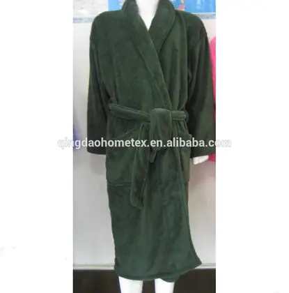 Dark green plush bathrobe with shawl collar and tie belt displayed on a white mannequin