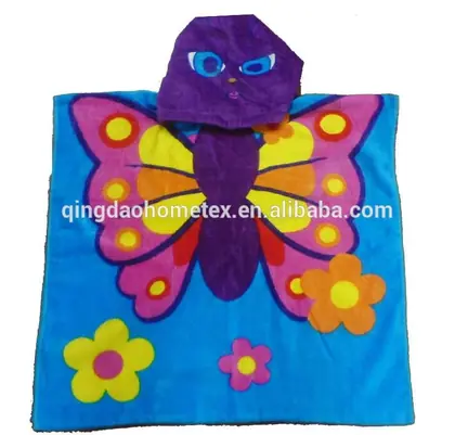 Blue children's hooded bath poncho towel with butterfly applique, colorful flower motifs, and purple cartoon-face hood