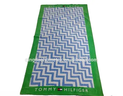 Blue 100% cotton beach towel with ladder shape wave pattern printed on the surface, 70x140 cm