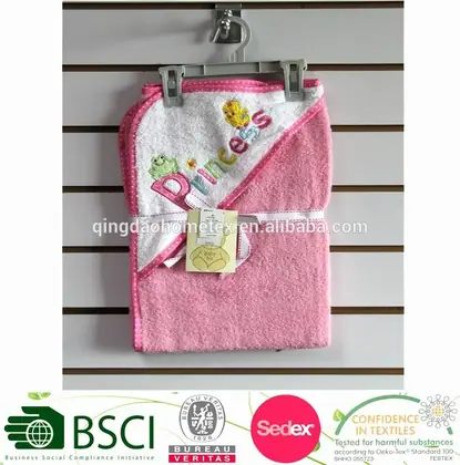 100% cotton baby hood towel with embroidered cartoon animal design, 76x76 cm, plain colour dye, soft texture