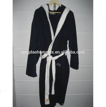 100% cotton plain dyed terry bathrobe in solid colour, 400 GSM, hanging on a hanger, natural cotton texture visible