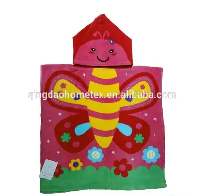 Blue 100% cotton kids beach poncho towel with reactive printed cartoon animal design, 60x120 cm