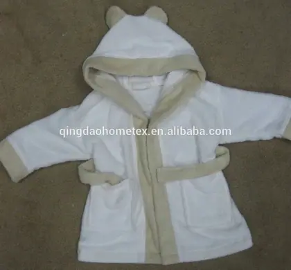 White children's hooded bathrobe with ear-trimmed hood and cream trim