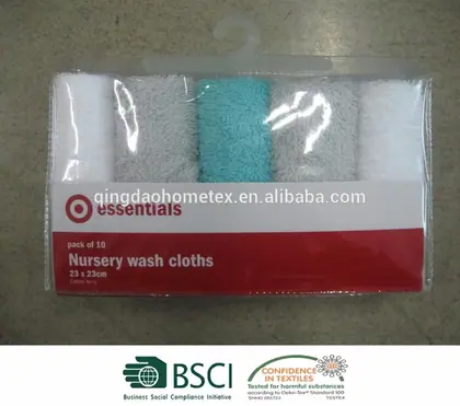 Packaged set of 10 nursery wash cloths in white, grey, and blue.
