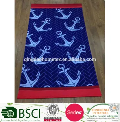 Blue 100% cotton velour beach towel with reactive printed anchor design, 70x140 cm